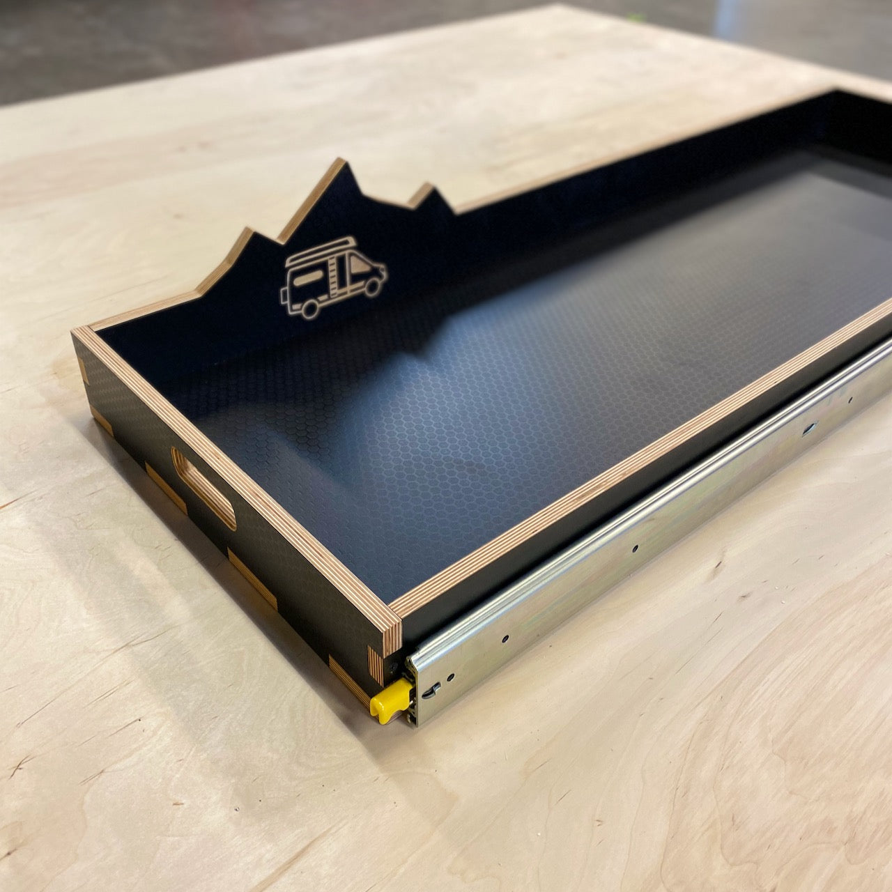 Black Hex-Plywood Slide Out Storage Tray for Bikes, Boards and Gear