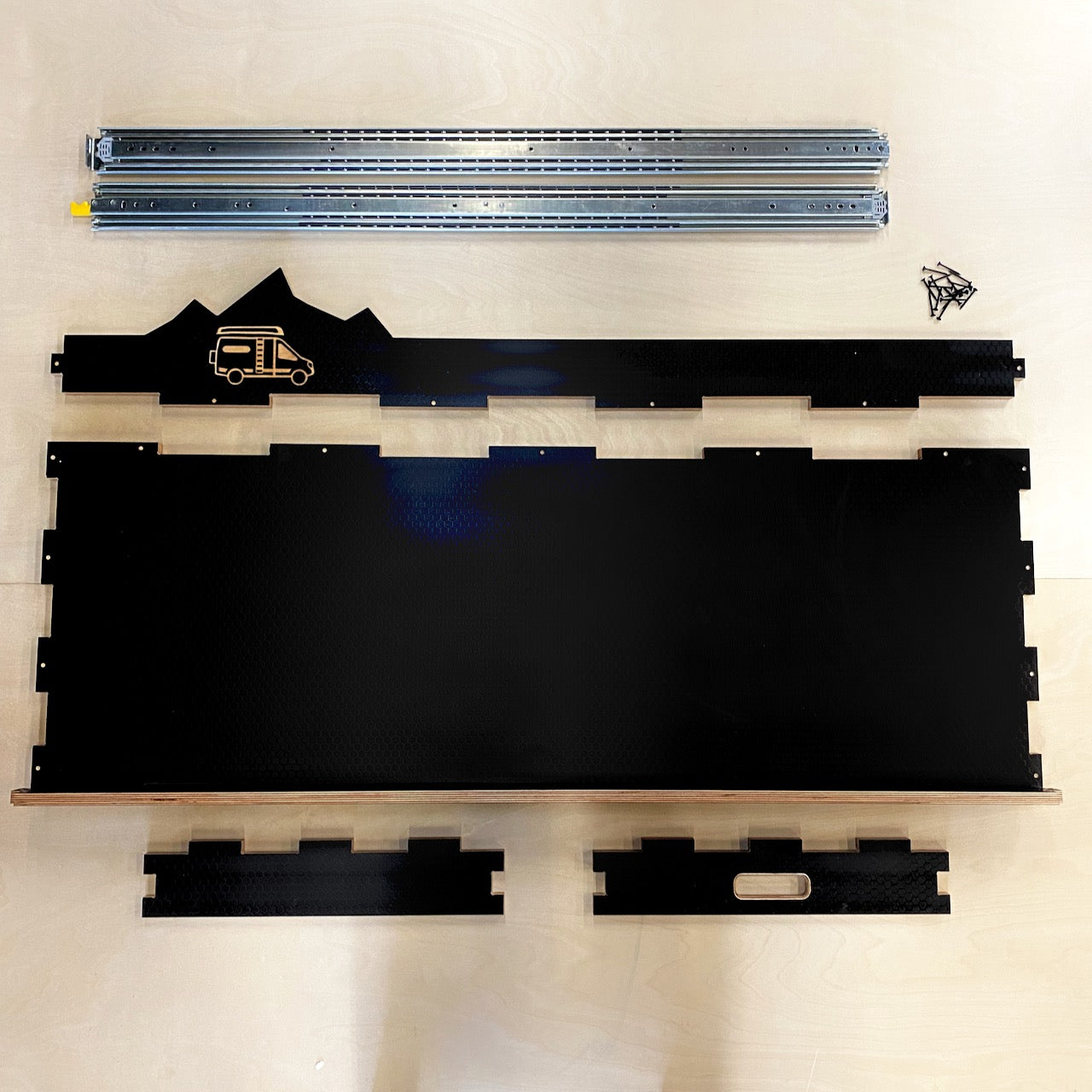 Black Hex-Plywood Slide Out Storage Tray for Bikes, Boards and Gear