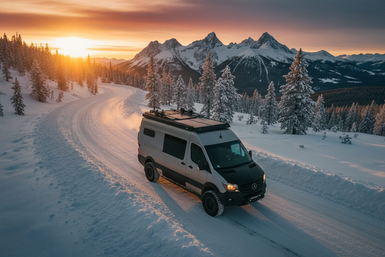 Van in snowy mountains hero image